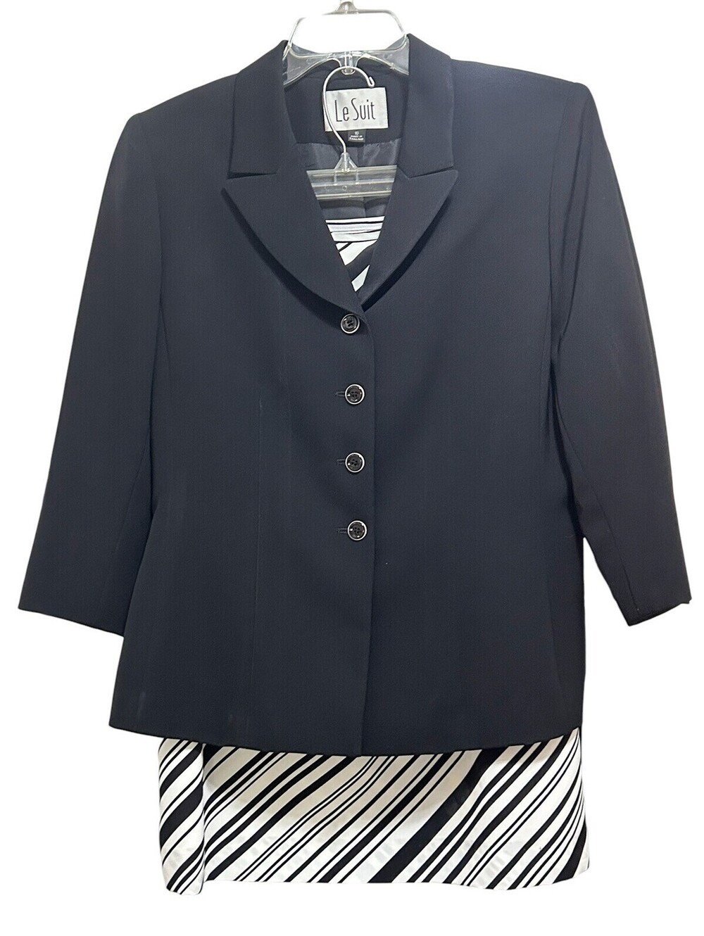 Le Suit 2 Piece Jacket Skirt Set Black & White 3/4 Sleeve Size 10-EUC